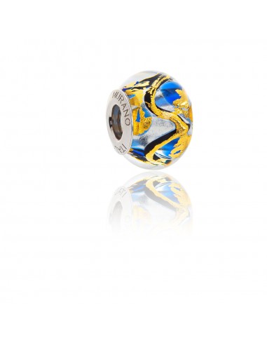 Murano glass charm with Silver compatible Pandora Bracelets V867 Gold Foil, Blue & Crystal