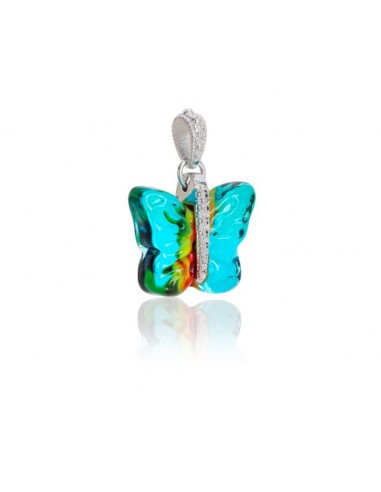 Rhodium Silver Chain Necklace with Murano Glass Pendant 'BUTTERFLY' pattern CARIBBEAN